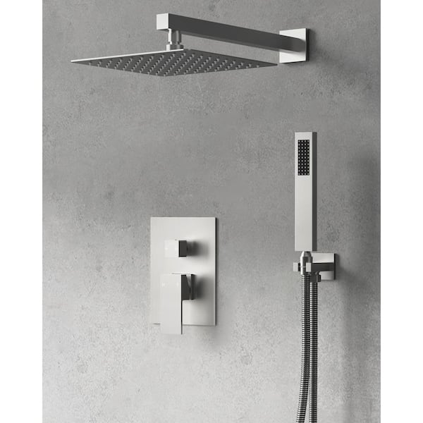 GRANDJOY Pressure Balance 2-Spray Wall Mount 10 in. Fixed and Handheld Shower Head 2.5 GPM in Brushed Nickel