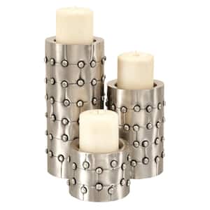 Silver Metal Handmade Pillar Candle Holder with Studs (Set of 3)