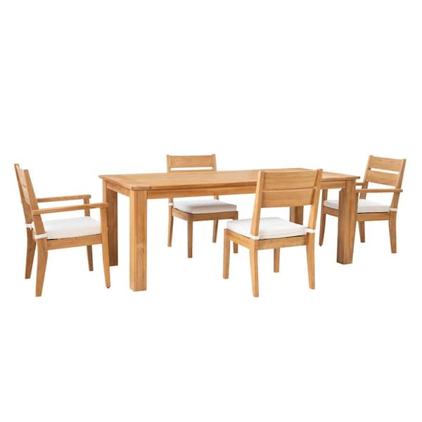 Linon Home Decor Callahan Natural Brown 5-Piece Teak Wood Rectangle table Outdoor Dining Set with Antique White Cushions