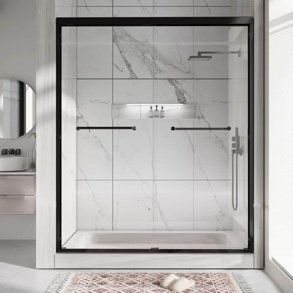 "44"" to 48"" W x 72"" H Framed Double Sliding Shower Door in Matte Black with Clear Glass" price history on PriceWatchPro