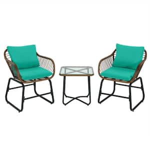 3-Piece Wicker Outdoor Bistro Bistro Set with Turquoise Cushion and Glass Table