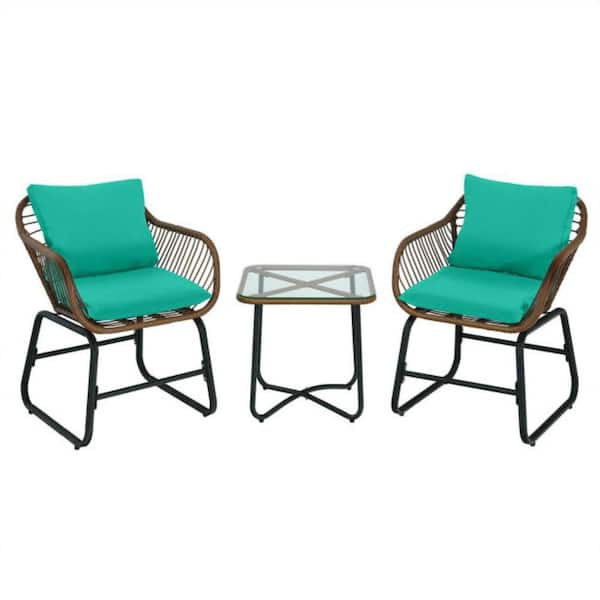 Alpulon 3-Piece Wicker Outdoor Bistro Bistro Set with Turquoise Cushion and Glass Table