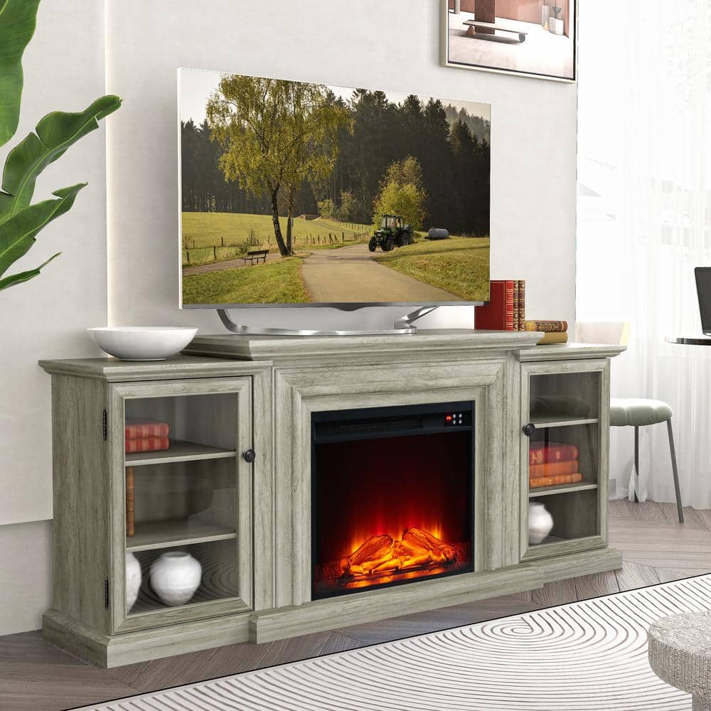 Gray Farmhouse TV Stand with Electric Fireplace and Cabinets