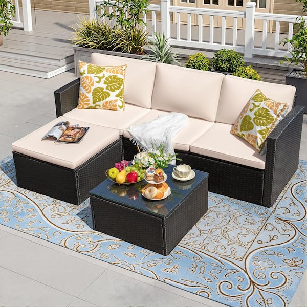 4-Pieces PE Wicker Outdoor Sectional Set with Beige Cushions