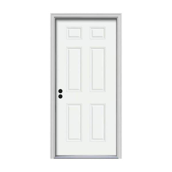 JELD-WEN 30 in. x 80 in. 6-Panel White Painted Steel Prehung Right-Hand Inswing Front Door w/Brickmould