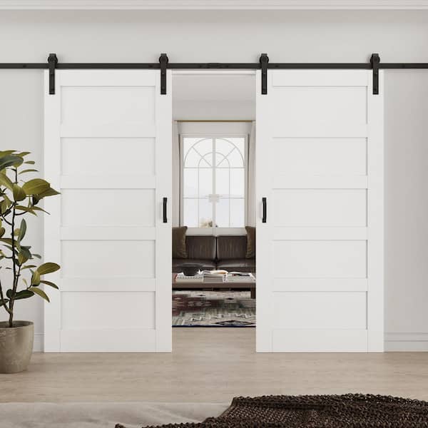 72 in. x 80 in. Waterproof 5 Panel White MDF Easy Install Sliding No Assembly Required Barn Door Slab with Hardware Kit