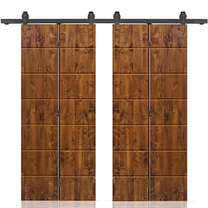 48 in. x 80 in. Hollow Core Walnut Stained Pine Wood Double Bi-Fold Door with Sliding Hardware Kit