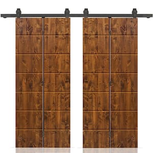 56 in. x 80 in. Hollow Core Walnut Stained Pine Wood Double Bi-Fold Door with Sliding Hardware Kit