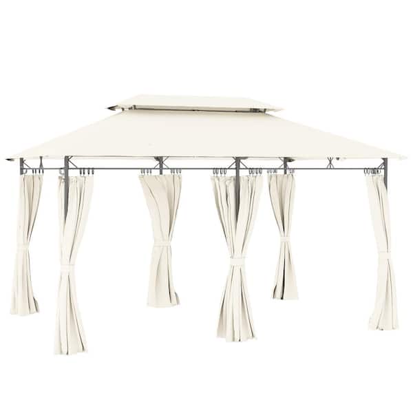 10 ft. x 13 ft. White Metal Outdoor Patio Two-Tier Roof Gazebo with Removable Curtains for Lawn Deck Garden