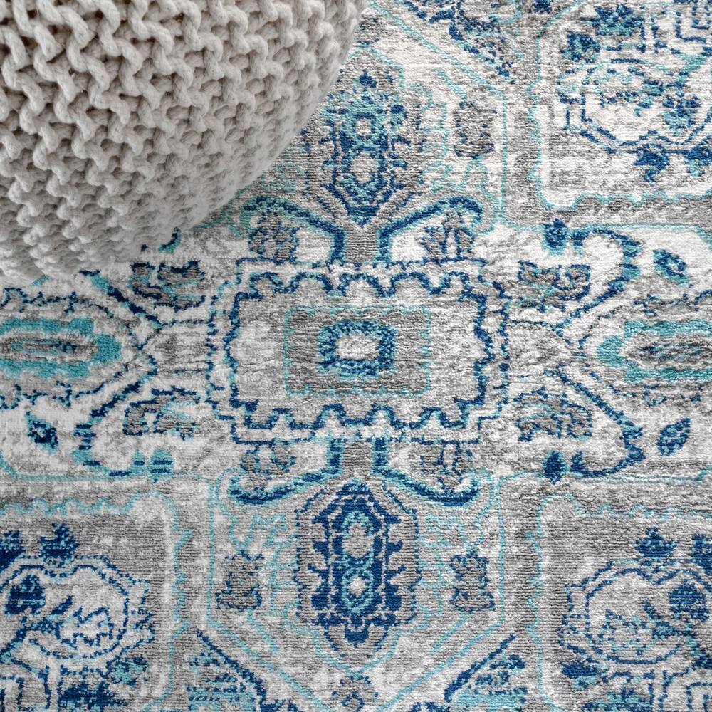 Light Grey and Blue Round Synthetic Reversible Rug