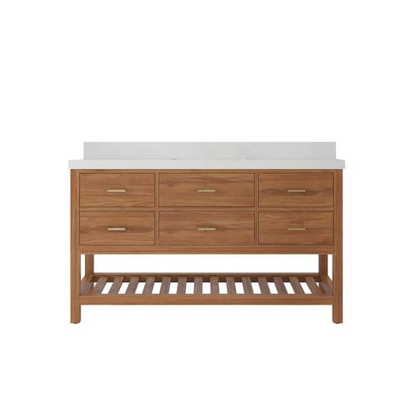Willow Collections Parker Teak 60 in. W x 22 in. D x 36 in. H Single Sink Bath Vanity in Golden Teak with 2 in. Carrara Quartz Top