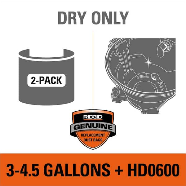 Genuine VF3501 Wet Dry Vac Dry Pick-up Only Dust Bags for 3-4.5 Gallon and HD0600 RIDGID Shop Vacuums, Size C (2-Pack)