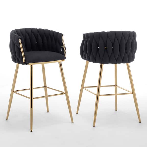 Best Quality Furniture Ness Black Boucle Teddy Fabric Bar Stool (Set of 2) with Gold Chrome Plated Legs