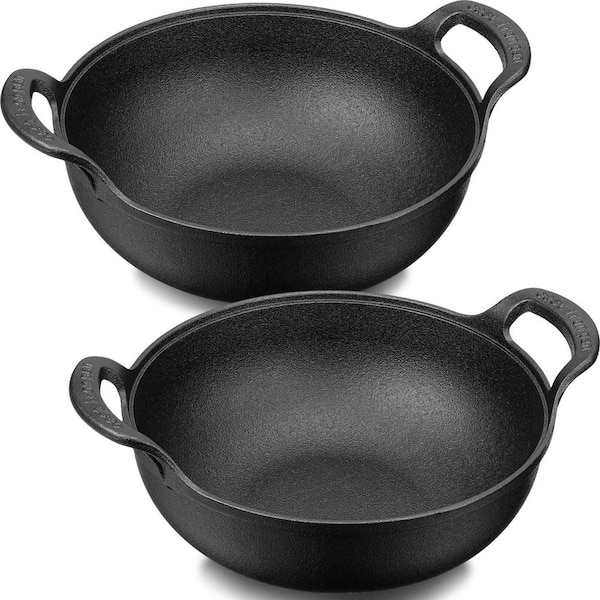 2 Pack Cast Iron Wok 10 in. Black Pre-Seasoned Nonstick Flat Bottom Stir Fry Pan for Induction Gas Grill