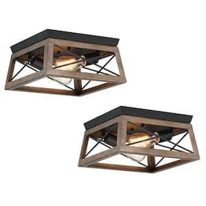 Mousse 12 in. W 2-Light Flush Mount with Matte Black Finish and Bronze Wood Accents(2-Pack)