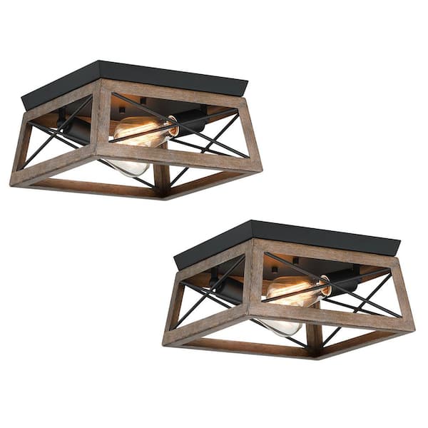 Hukoro Mousse 12 in. W 2-Light Flush Mount with Matte Black Finish and Bronze Wood Accents(2-Pack)