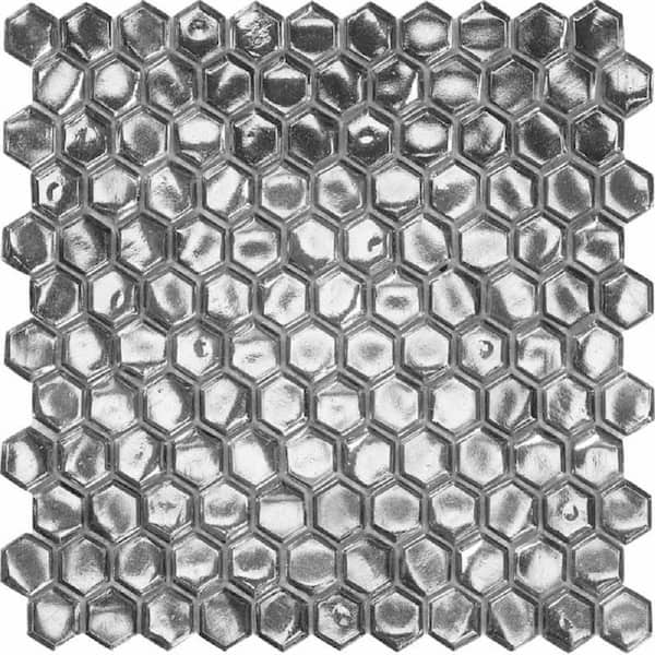 Apollo Tile Silver 4 in. x 5 in. Hexagon Glossy Glass Floor and Wall Mosaic Tile Sample (0.13 sq.ft./Piece)