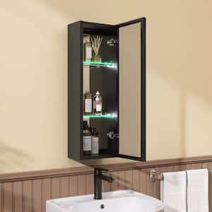 10 in. W x 30 in. H Black Rectangular Surface Mount Aluminum Bathroom Lighted Medicine Cabinet with Mirror and Shelves