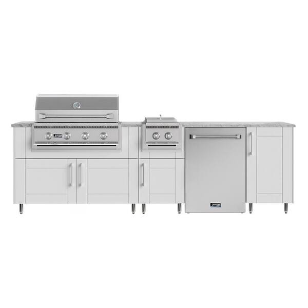 Nightfall 126 in. W 4-Burner Propane Grill Island in Sanibel Shell White with Fridge and Side Burner