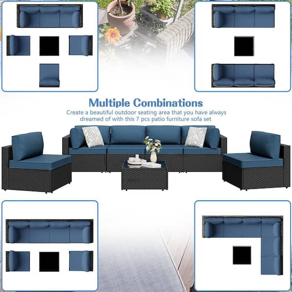 Celebalcony 7-Piece Wicker Outdoor Sectional Sofa Set with Navy