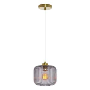 Hadley 8 in. 1-Light Gold Pendant with Purple Glass Shade