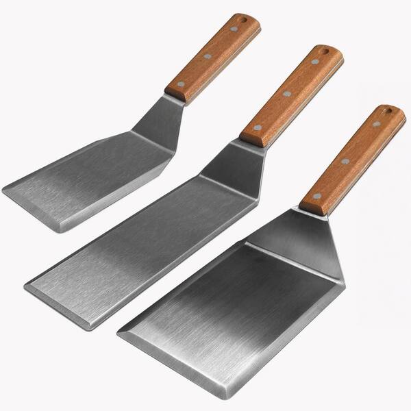 Stainless Steel Grill Spatula Set with Full Tang Handle and Beveled Edges for BBQ Flat Top Grill, Silver (3-Pack)