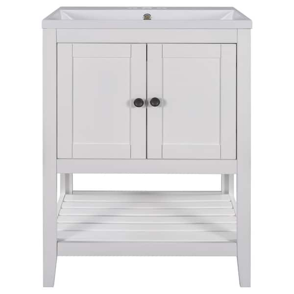 Aoibox 24 in. W x 17.8 in D. x 33.6 in. H White Modern Bath Vanity Elegant Ceramic Sink with Solid Wood Frame & Open Shelf