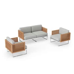 Monterey 4-Seater 3-Piece Stainless Steel Teak Outdoor Patio Conversation Set With Cast Silver Cushions