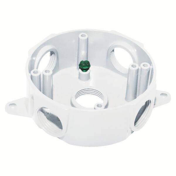 Commercial Electric Round Metal Weatherproof Electrical Outlet Box with (5) 1/2 inch Holes, White
