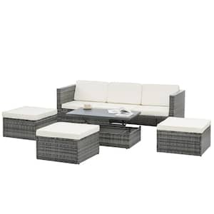 5-Pieces Gray Wicker Patio Conversation Set with Beige Cushions