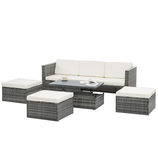 maocao hoom 5-Pieces Gray Wicker Patio Conversation Set with Beige Cushions