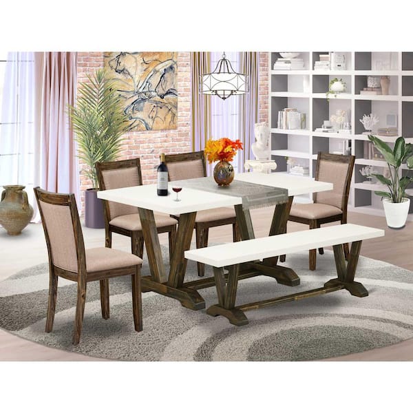 East West Furniture 6-Piece Rectangle Distressed Jacobean Finish Solid Wood Top Dining Table with 1-Bench, 4-Chairs with Lattice Back