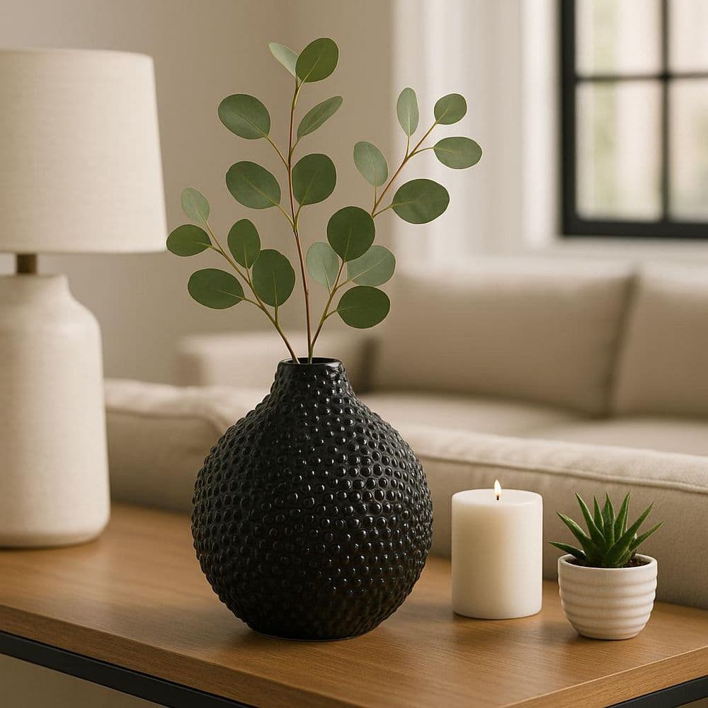 Liv & Skye 8 in. Black Ceramic Glossy Spiked Decorative Vase 12068