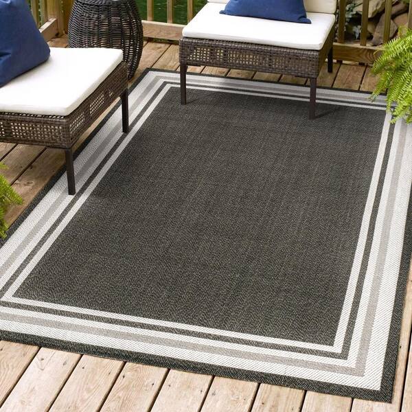 JONATHAN Y James Modern Black/Cream 3 ft. x 5 ft. Border Stripe Indoor/Outdoor Area Rug