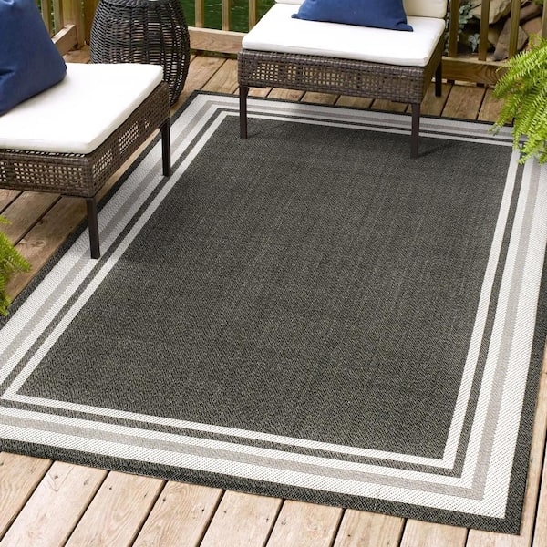 JONATHAN Y James Modern Black/Cream 4 ft. x 6 ft. Border Stripe Indoor/Outdoor Area Rug