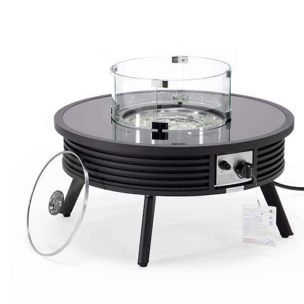 Leisuremod Walbrooke Modern Black Patio Round Fire Pit Table with Aluminum Slats Frame