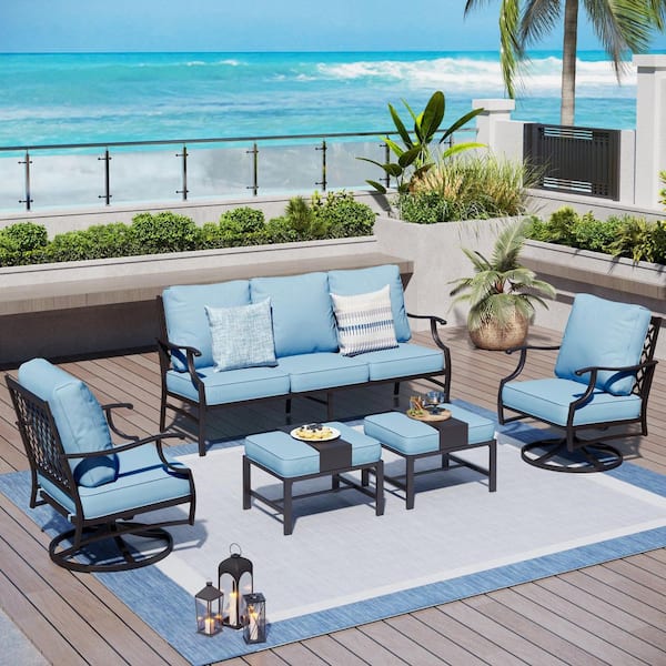 PHI VILLA Black 5-Piece Metal Meshed 7-Seat Outdoor Patio Conversation Set with Blue Cushions,2 Swivel Chairs and 2 Ottomans