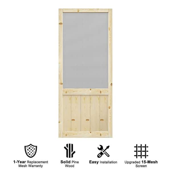 32 in. x 80 in. Universal Unfinished Solid Pine Wood Farmhouse Paneled Hinged Screen Door with Gauze Mesh for Courtyard