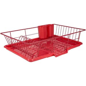 Vinyl Countertop Dish Rack in Red with Sloping Tray and Utensil Holder