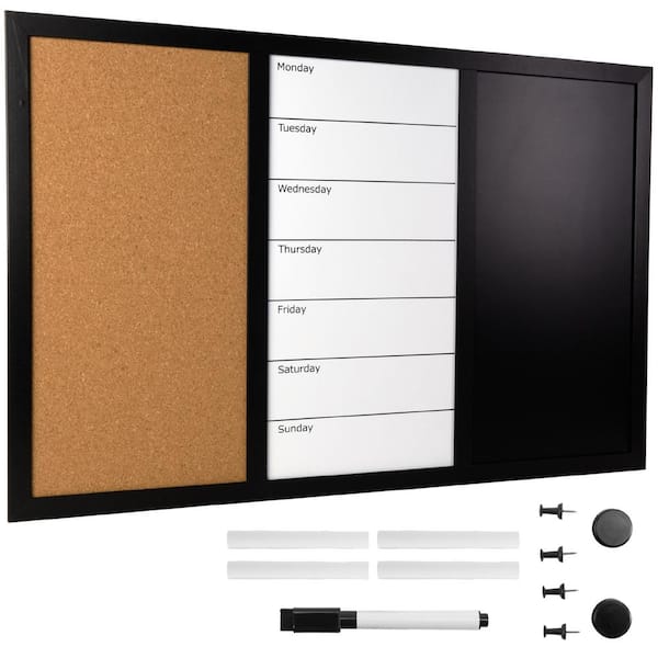Excello 23.5 in. x 15 in. Dry Erase Chalkboard Corkboard Combo, Black