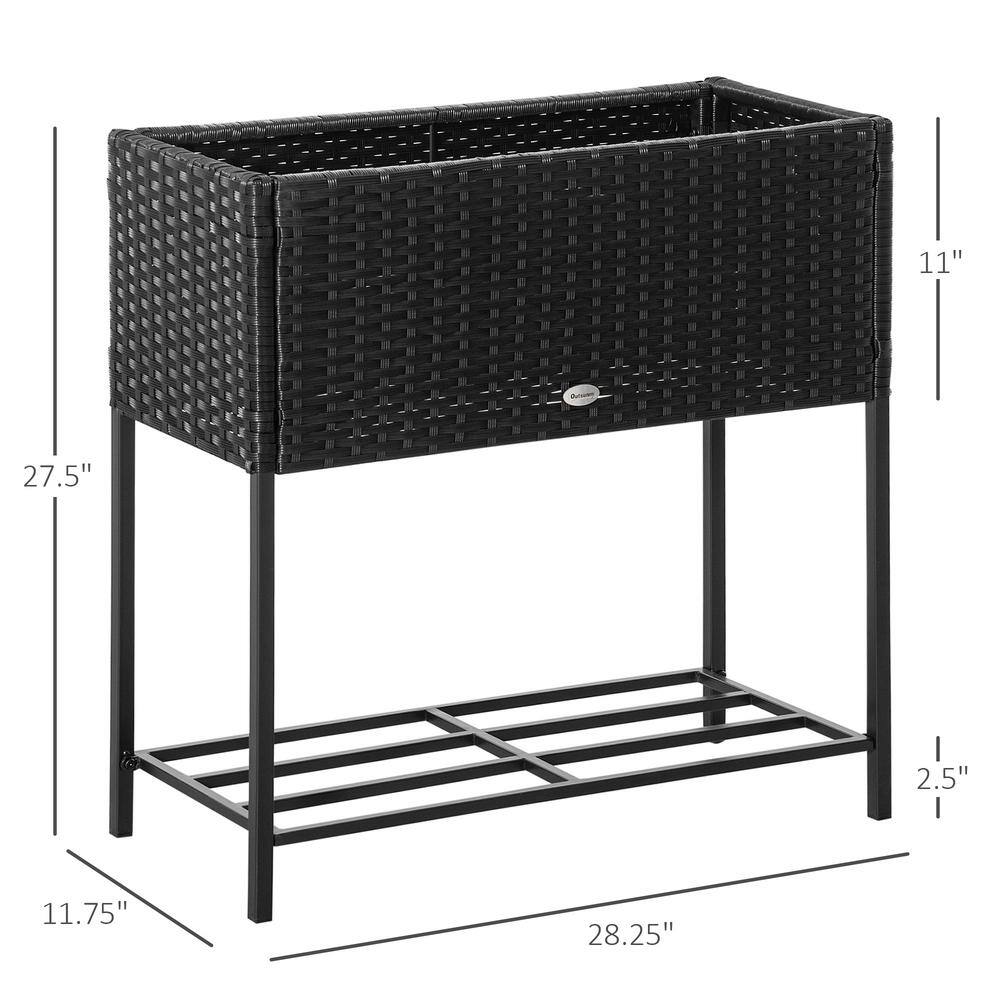 Black Rectangular Rattan Wicker Elevated Garden Bed with Tool Shelf