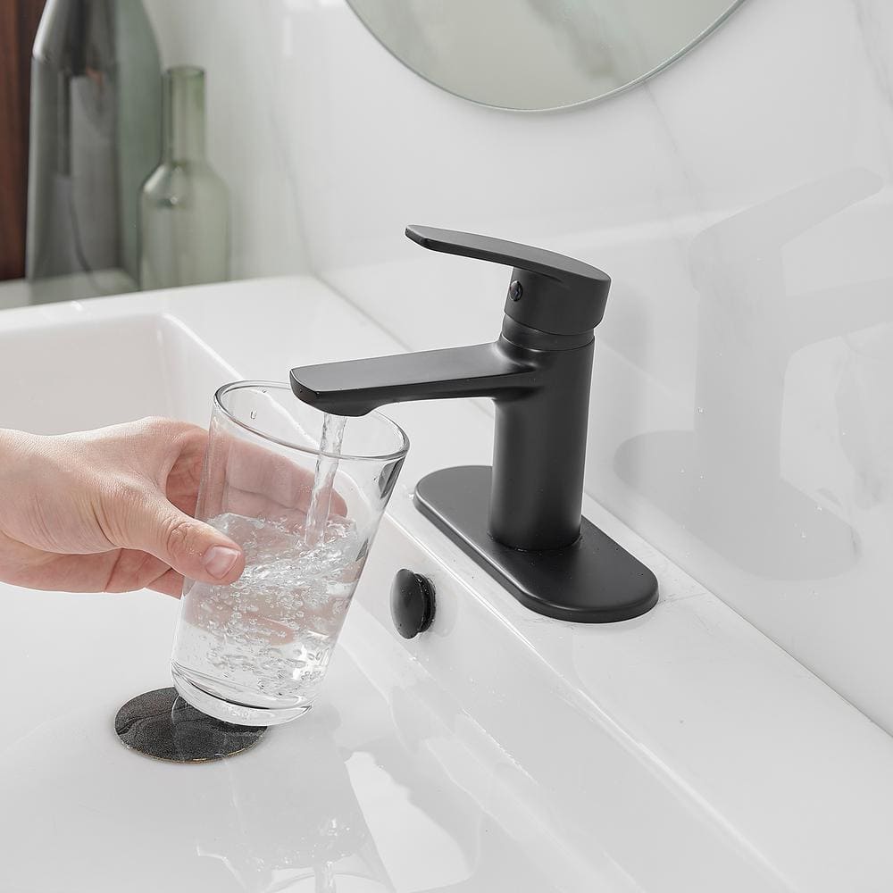 Matte Black Single-Handle Low-Arc Bathroom Faucet with Drain
