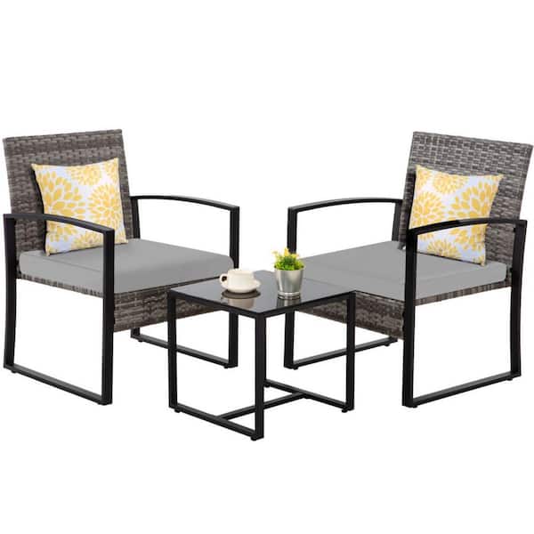 MIRAFIT 3-Pieces Rattan Wicker Patio Conversation Set with Grey Cushions