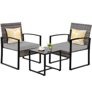 3-Pieces Rattan Wicker Patio Conversation Set with Grey Cushions