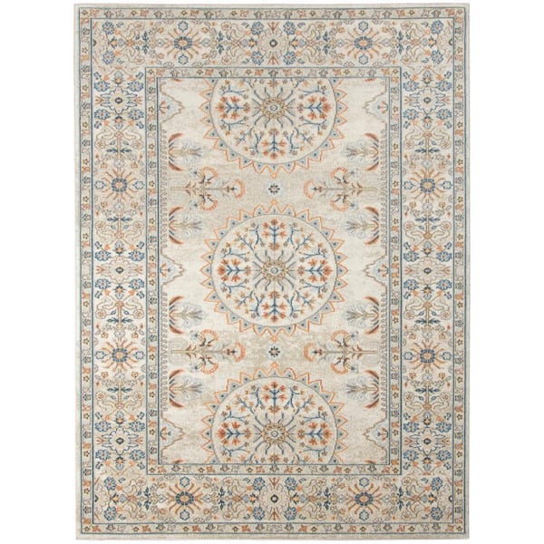 Bohemian 9x12 Area Rug Beige Polypropylene Rectangle Low Pile Bordered Pattern Rugs for Living Room Dining Room Bedroom