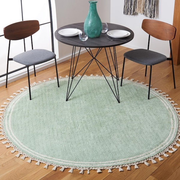 Easy Care Teal/Ivory 5 ft. x 5 ft. Machine Washable Solid Striped Border Round Area Rug