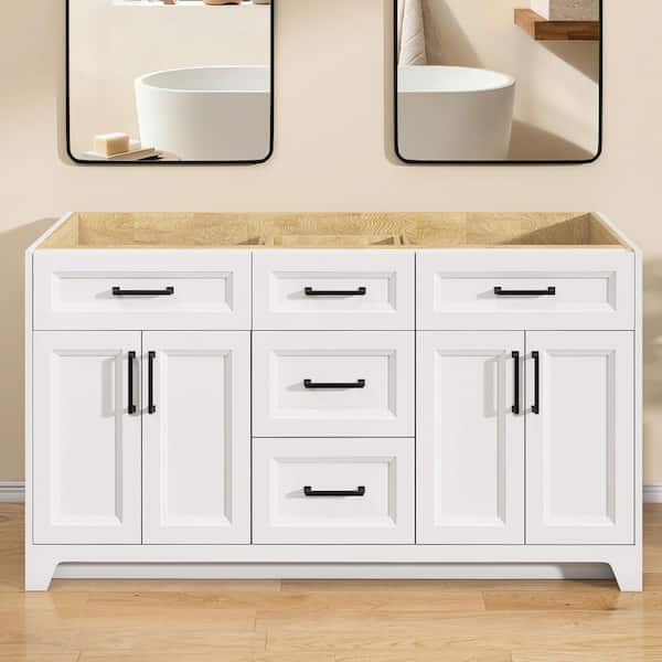 Solid Wood 60 in. W x 21.5 in. D x 33.5 in. H Double Sink Bath Vanity Cabinet without Top Freestanding Base in White