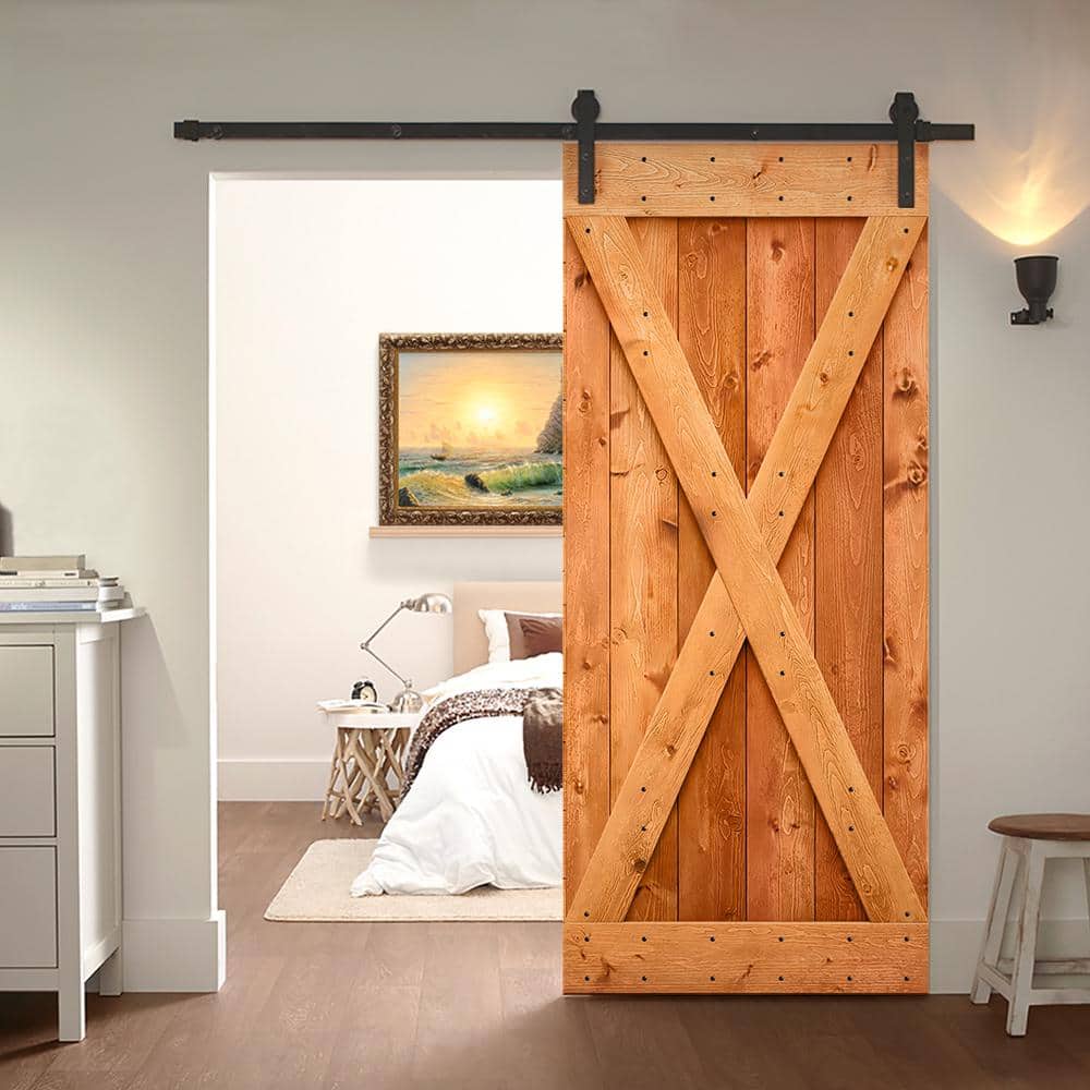 84'' Knotty Pine Solid Wood Barn Door with Matte Black Hardware