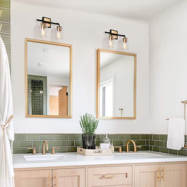 13 in. 2-Light Brass Gold Bathroom Vanity Light, Black Wall Sconce for Mirrors, Clear Glass Modern Bath Lighting