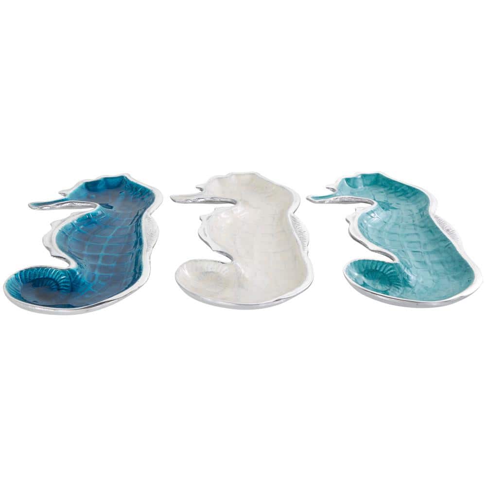 Multi Colored Handmade Aluminum Metal Sea Horse Textured Enameled Decorative Bowl with Silver Bases (Set of 3) product image for price tracking
